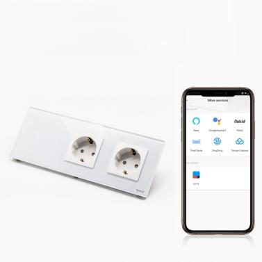 Intrerupator dublu smart WIFI 1000W + priza schuko dubla smart WIFI cu rama din sticla Tosyco compatibil cu Tuya, Google Home, Amazon Alexa