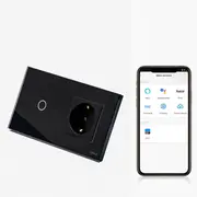 Intrerupator simplu smart WIFI 600W + priza schuko cu rama din sticla Tosyco compatibil cu Tuya, Google Home, Amazon Alexa