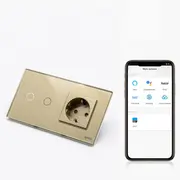 Intrerupator dublu smart WIFI 1000W + priza schuko smart WIFI cu rama din sticla Tosyco compatibil cu Tuya, Google Home, Amazon Alexa