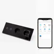 Intrerupator dublu smart WIFI 600W + priza schuko dubla cu rama din sticla Tosyco compatibil cu Tuya, Google Home, Amazon Alexa