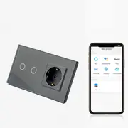 Intrerupator dublu smart WIFI 1000W + priza schuko smart WIFI cu rama din sticla Tosyco compatibil cu Tuya, Google Home, Amazon Alexa