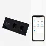 Intrerupator triplu smart WIFI 1000W + priza schuko dubla smart WIFI cu rama din sticla Tosyco compatibil cu Tuya, Google Home, Amazon Alexa