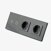Intrerupator cap scara / cruce dublu cu touch (tactil) 1000W + priza schuko dubla cu rama din sticla Tosyco