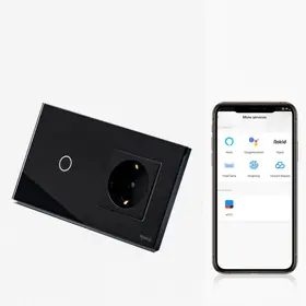 Intrerupator simplu smart WIFI 600W + priza schuko cu rama din sticla Tosyco compatibil cu Tuya, Google Home, Amazon Alexa
