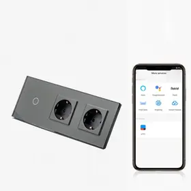 Intrerupator simplu smart WIFI 1000W + priza schuko dubla smart WIFI cu rama din sticla Tosyco compatibil cu Tuya, Google Home, Amazon Alexa