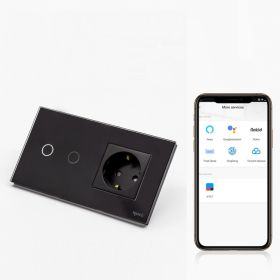 Intrerupator dublu smart WIFI 600W + priza schuko cu rama din sticla Tosyco compatibil cu Tuya, Google Home, Amazon Alexa