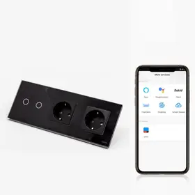 Intrerupator dublu smart WIFI 600W + priza schuko dubla cu rama din sticla Tosyco compatibil cu Tuya, Google Home, Amazon Alexa