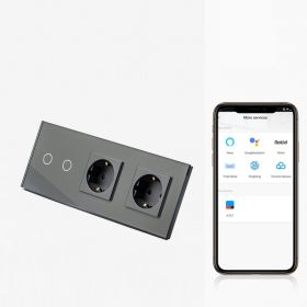 Intrerupator dublu smart WIFI 1000W + priza schuko dubla smart WIFI cu rama din sticla Tosyco compatibil cu Tuya, Google Home, Amazon Alexa