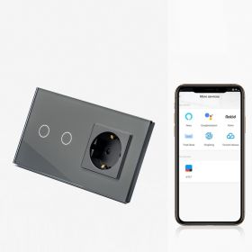 Intrerupator dublu smart WIFI 600W + priza schuko cu rama din sticla Tosyco compatibil cu Tuya, Google Home, Amazon Alexa