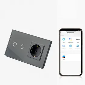 Intrerupator dublu smart WIFI 600W + priza schuko cu rama din sticla Tosyco compatibil cu Tuya, Google Home, Amazon Alexa