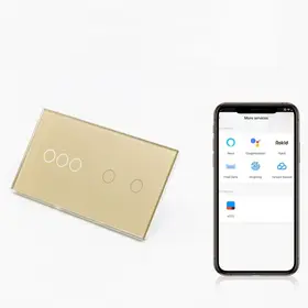 Intrerupator triplu + dublu smart WIFI fara NUL cu touch (tactil) din sticla 1000W Tosyco compatibil cu Tuya, Google Home, Amazon Alexa