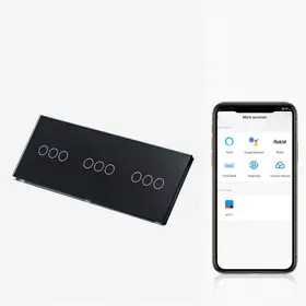 Intrerupator triplu + triplu + triplu smart WIFI fara NUL cu touch (tactil) din sticla 1000W Tosyco compatibil cu Tuya, Google Home, Amazon Alexa