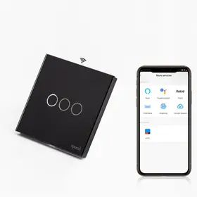 Intrerupator triplu smart WIFI fara NUL cu touch (tactil) din sticla 1000W Tosyco compatibil cu Tuya, Google Home, Amazon Alexa