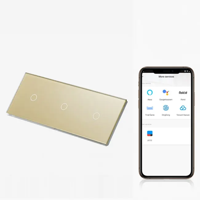 Intrerupator simplu + simplu + simplu smart WIFI fara NUL cu touch (tactil) din sticla 1000W Tosyco compatibil cu Tuya, Google Home, Amazon Alexa