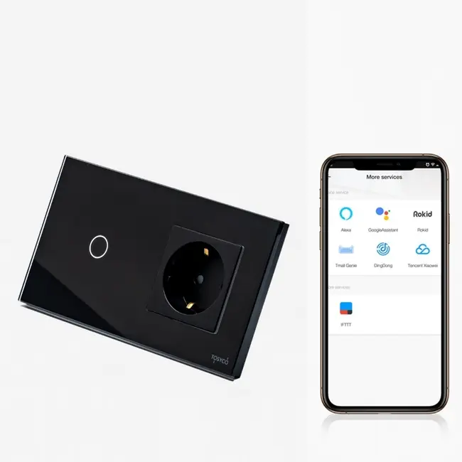 Intrerupator simplu smart WIFI 600W + priza schuko cu rama din sticla Tosyco compatibil cu Tuya, Google Home, Amazon Alexa