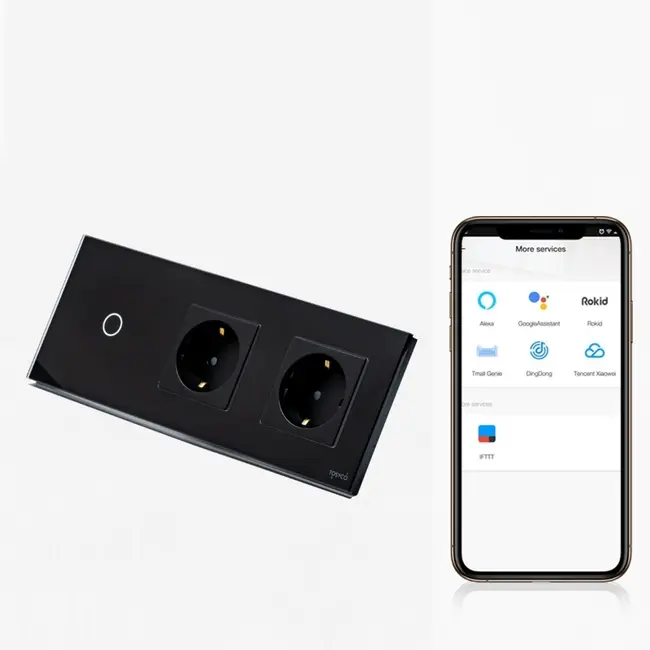 Intrerupator simplu smart WIFI 1000W + priza schuko dubla smart WIFI cu rama din sticla Tosyco compatibil cu Tuya, Google Home, Amazon Alexa