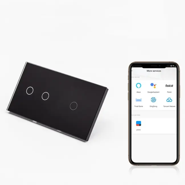 Intrerupator dublu + simplu smart WIFI fara NUL cu touch (tactil) din sticla 1000W Tosyco compatibil cu Tuya, Google Home, Amazon Alexa