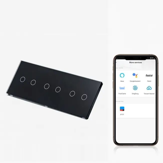 Intrerupator dublu + dublu + dublu smart WIFI fara NUL cu touch (tactil) din sticla 1000W Tosyco compatibil cu Tuya, Google Home, Amazon Alexa