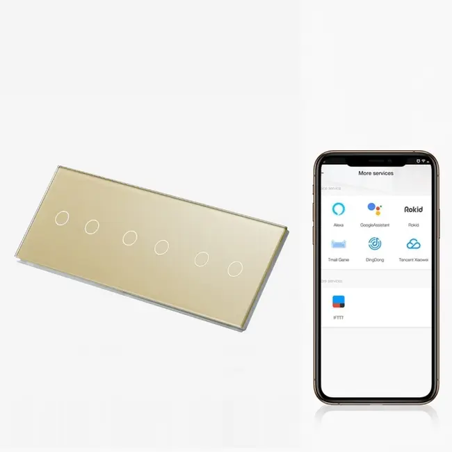 Intrerupator dublu + dublu + dublu smart WIFI fara NUL cu touch (tactil) din sticla 1000W Tosyco compatibil cu Tuya, Google Home, Amazon Alexa