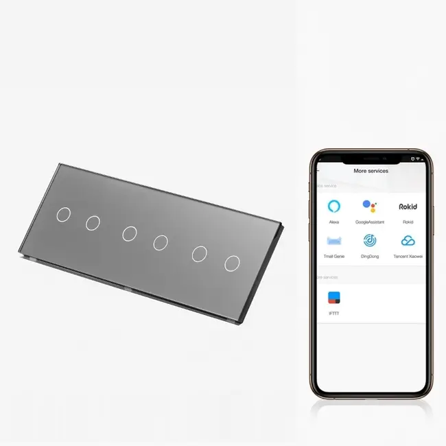 Intrerupator dublu + dublu + dublu smart WIFI fara NUL cu touch (tactil) din sticla 1000W Tosyco compatibil cu Tuya, Google Home, Amazon Alexa