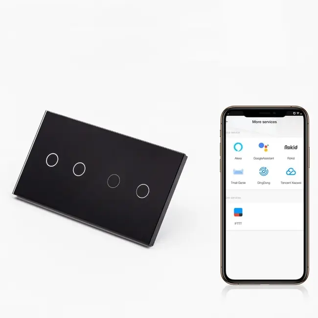 Intrerupator dublu + dublu smart WIFI fara NUL cu touch (tactil) din sticla 1000W Tosyco compatibil cu Tuya, Google Home, Amazon Alexa