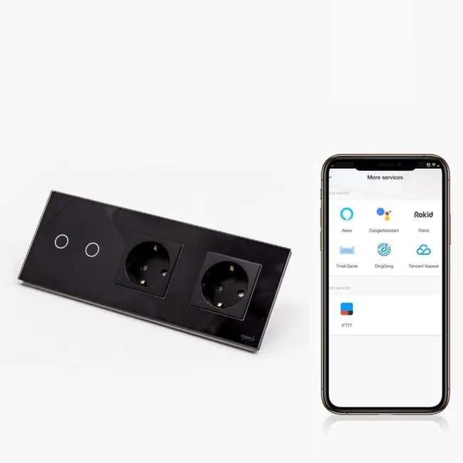 Intrerupator dublu smart WIFI 600W + priza schuko dubla cu rama din sticla Tosyco compatibil cu Tuya, Google Home, Amazon Alexa