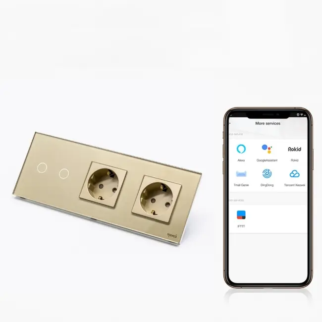 Intrerupator dublu smart WIFI 600W + priza schuko dubla cu rama din sticla Tosyco compatibil cu Tuya, Google Home, Amazon Alexa