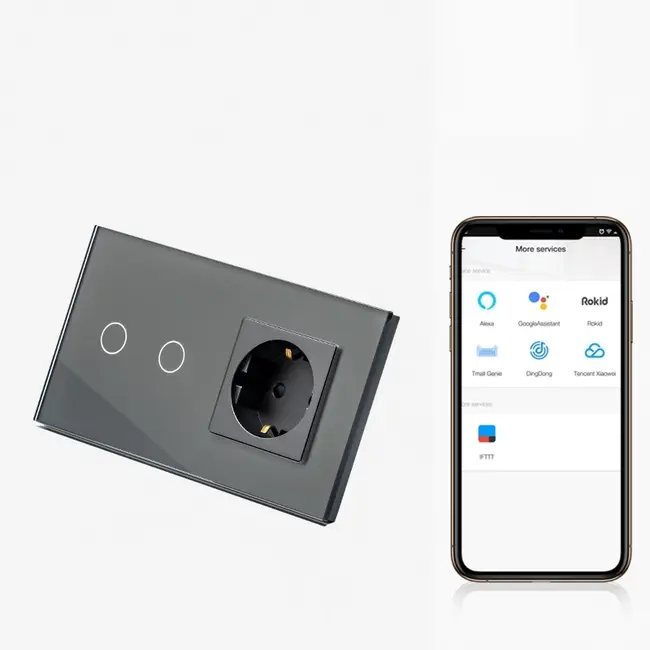 Intrerupator dublu smart WIFI 600W + priza schuko cu rama din sticla Tosyco compatibil cu Tuya, Google Home, Amazon Alexa