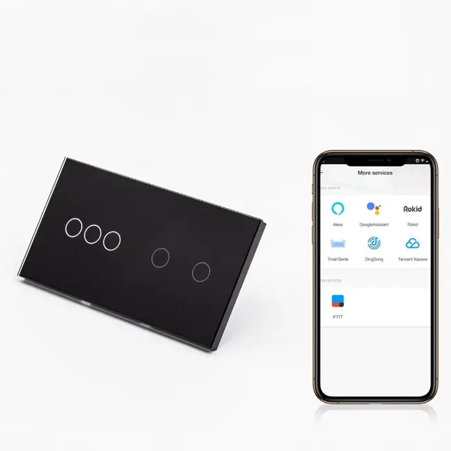 Intrerupator triplu + dublu smart WIFI fara NUL cu touch (tactil) din sticla 1000W Tosyco compatibil cu Tuya, Google Home, Amazon Alexa