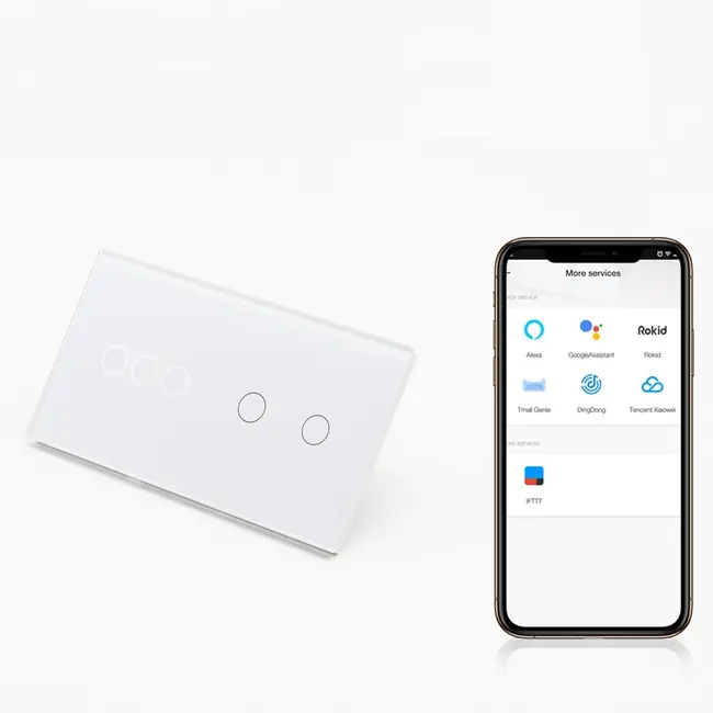 Intrerupator triplu + dublu smart WIFI fara NUL cu touch (tactil) din sticla 1000W Tosyco compatibil cu Tuya, Google Home, Amazon Alexa