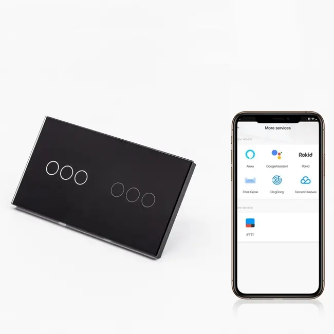 Intrerupator triplu + triplu smart WIFI fara NUL cu touch (tactil) din sticla 1000W Tosyco compatibil cu Tuya, Google Home, Amazon Alexa