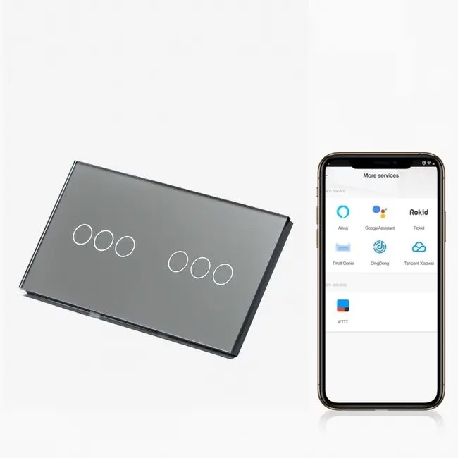 Intrerupator triplu + triplu smart WIFI fara NUL cu touch (tactil) din sticla 1000W Tosyco compatibil cu Tuya, Google Home, Amazon Alexa