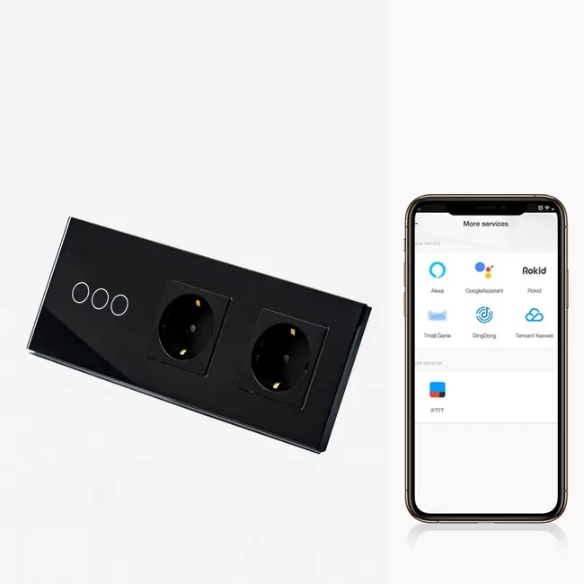 Intrerupator triplu smart WIFI 1000W + priza schuko dubla smart WIFI cu rama din sticla Tosyco compatibil cu Tuya, Google Home, Amazon Alexa