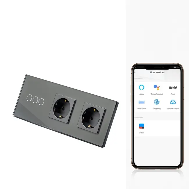 Intrerupator triplu smart WIFI 1000W + priza schuko dubla smart WIFI cu rama din sticla Tosyco compatibil cu Tuya, Google Home, Amazon Alexa