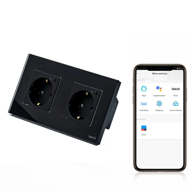 Priza schuko smart WIFI dubla cu rama din sticla Tosyco compatibila cu Tuya, Google Home, Amazon Alexa