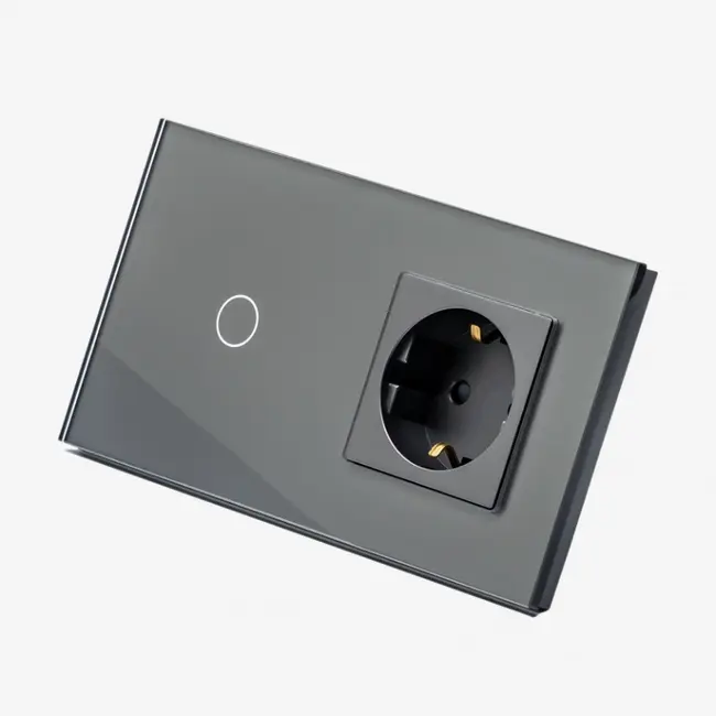 Intrerupator cap scara / cruce simplu cu touch (tactil) 1000W + priza schuko cu rama din sticla Tosyco