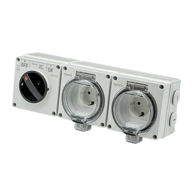 Priza schuko dubla + intrerupator IP66 pentru exterior Tosyco TOS-IG66-S2SR