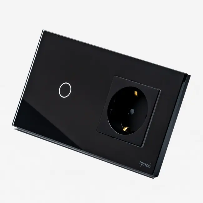 Intrerupator cap scara / cruce simplu cu touch (tactil) 1000W + priza schuko cu rama din sticla Tosyco
