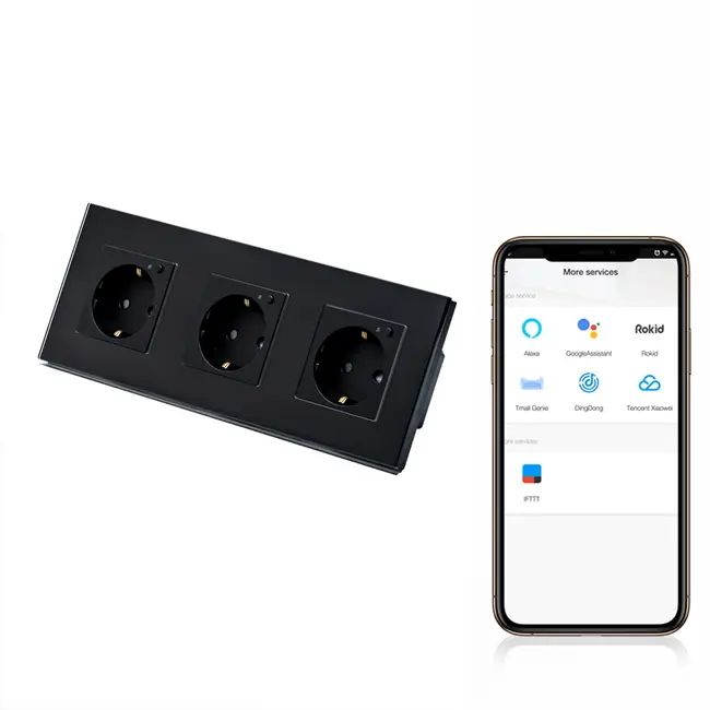 Priza schuko smart Zigbee tripla cu rama din sticla Tosyco compatibila cu Tuya, Google Home, Amazon Alexa