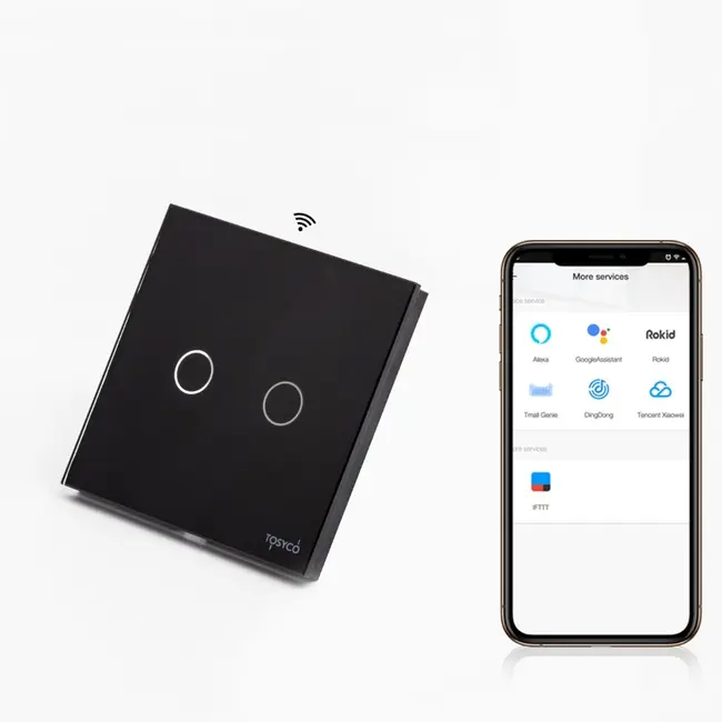 Intrerupator dublu smart WIFI fara NUL cu touch (tactil) din sticla 1000W Tosyco compatibil cu Tuya, Google Home, Amazon Alexa