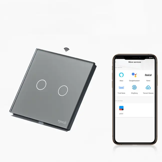 Intrerupator dublu smart WIFI cu NUL cu touch (tactil) din sticla 1000W Tosyco compatibil cu Tuya, Google Home, Amazon Alexa