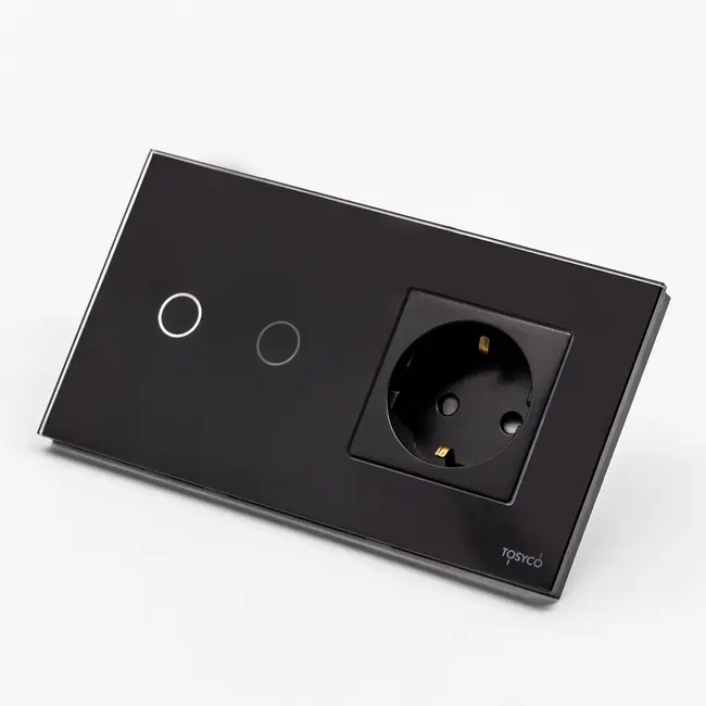 Intrerupator dublu cu touch (tactil) 1000W + priza schuko cu rama din sticla Tosyco