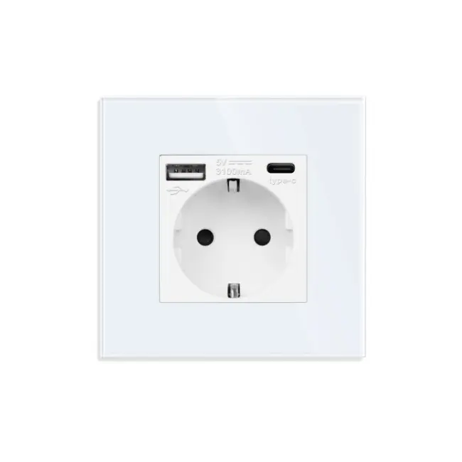 Priza schuko + Usb Type C + Usb Type A 2.4A cu rama din sticla Tosyco