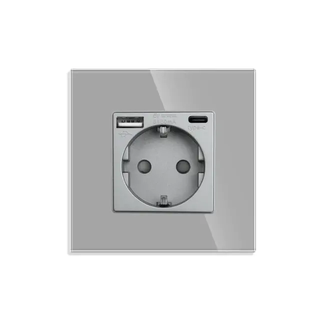 Priza schuko + Usb Type C + Usb Type A 2.4A cu rama din sticla Tosyco