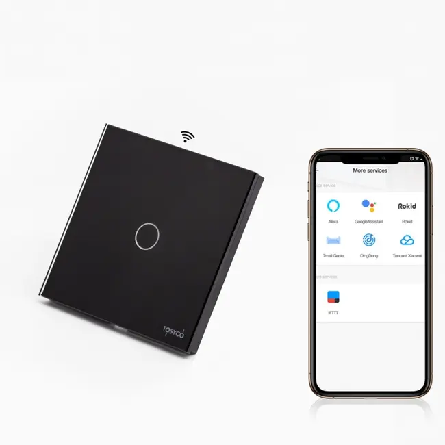 Intrerupator simplu smart WIFI fara NUL cu touch (tactil) din sticla 1000W Tosyco compatibil cu Tuya, Google Home, Amazon Alexa