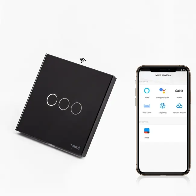 Intrerupator triplu smart Zigbee cu NUL cu touch (tactil) din sticla 1000W Tosyco compatibil cu Tuya, Google Home, Amazon Alexa