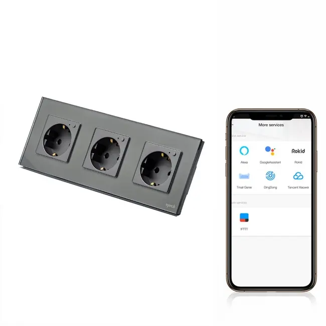 Priza schuko smart Zigbee tripla cu rama din sticla Tosyco compatibila cu Tuya, Google Home, Amazon Alexa