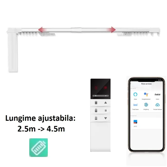 Kit sina pentru perdele / draperii extensibila 2.5m-4.5m automarizare cu motor electric smart Zigbee ML40 cu acumulator Tosyco si telecomanda compatibil cu Tuya, Google Home, Amazon Alexa