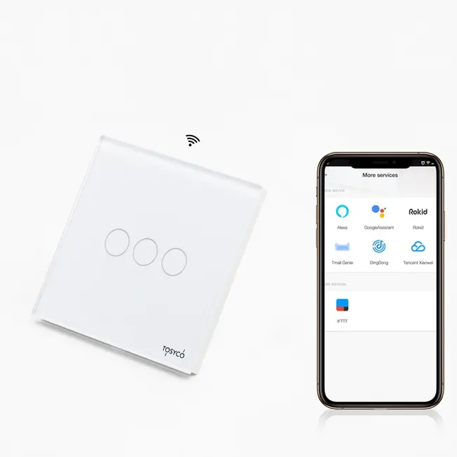 Intrerupator dimabil triplu smart WIFI cu NUL cu touch (tactil) din sticla 120W Tosyco ECO compatibil cu Tuya, Google Home, Amazon Alexa