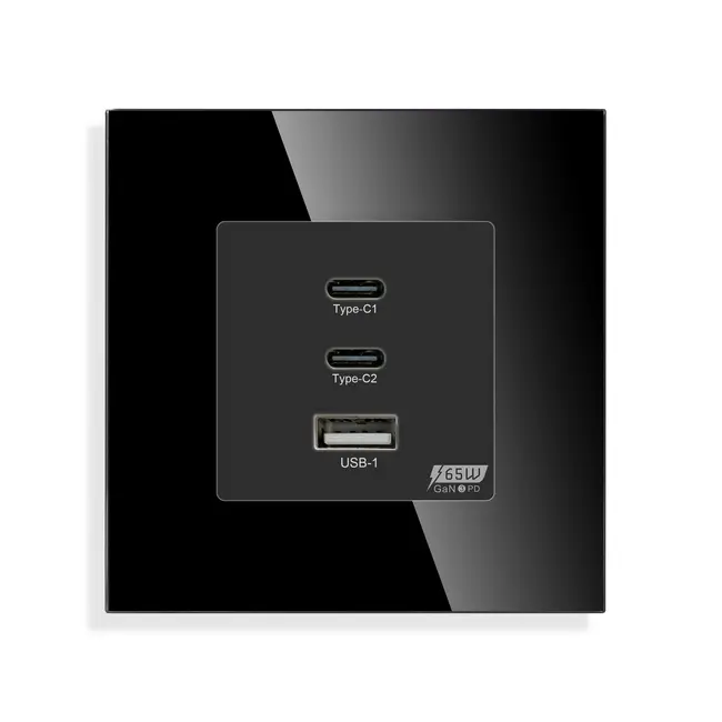 Priza incarcator Fast Charge GaN 65W 1x USB Type-A 2x Type-C cu rama din sticla Tosyco